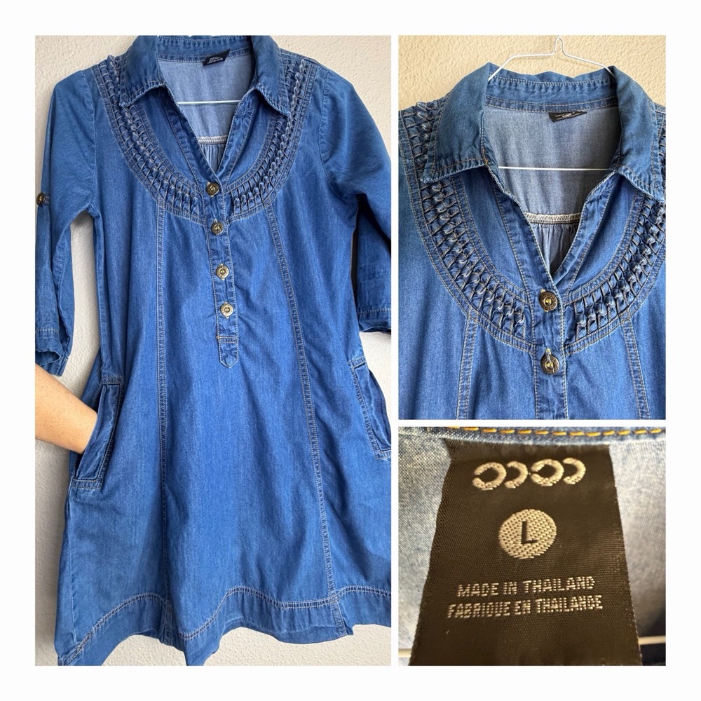 Vintage COCO 8/10 100% Cotton Denim Tunic Dress Blue Boho Button Front Pockets